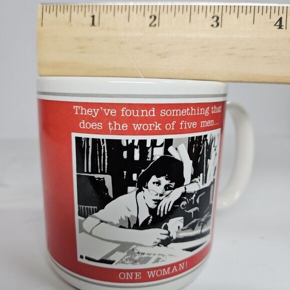 Vtg Black White Coffee Cup Red Mug Comic Strip One Woman Does The Work Of 5 Men - Picture 5 of 12